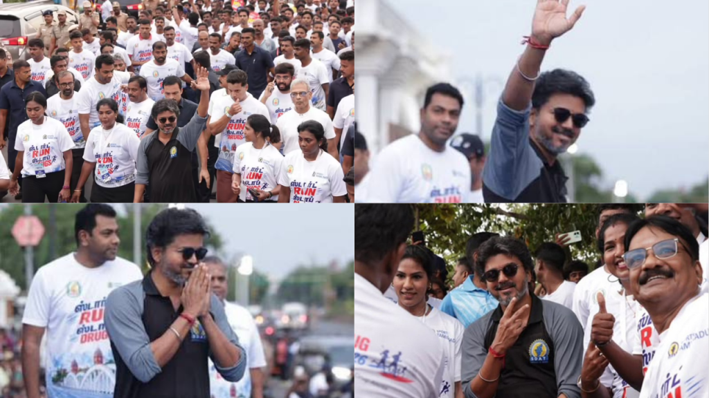Collage from a public run: a large crowd in white T-shirts, with a man in a black shirt raising his hand to the crowd.