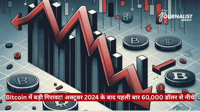 Illustration of Bitcoin price decline: red zigzag arrow plunges over a bar chart with Bitcoin coins on a grid background.