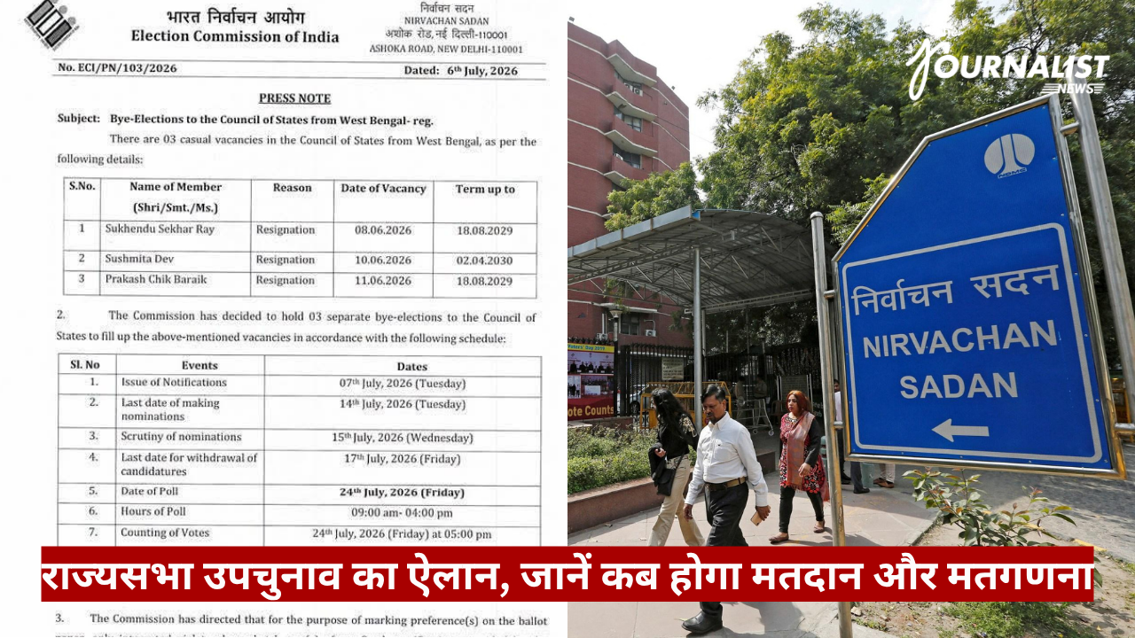 Election Commission of India press note about bye-elections to the Council of States in West Bengal, with a street scene and Nirvachan Sadan sign in the foreground.