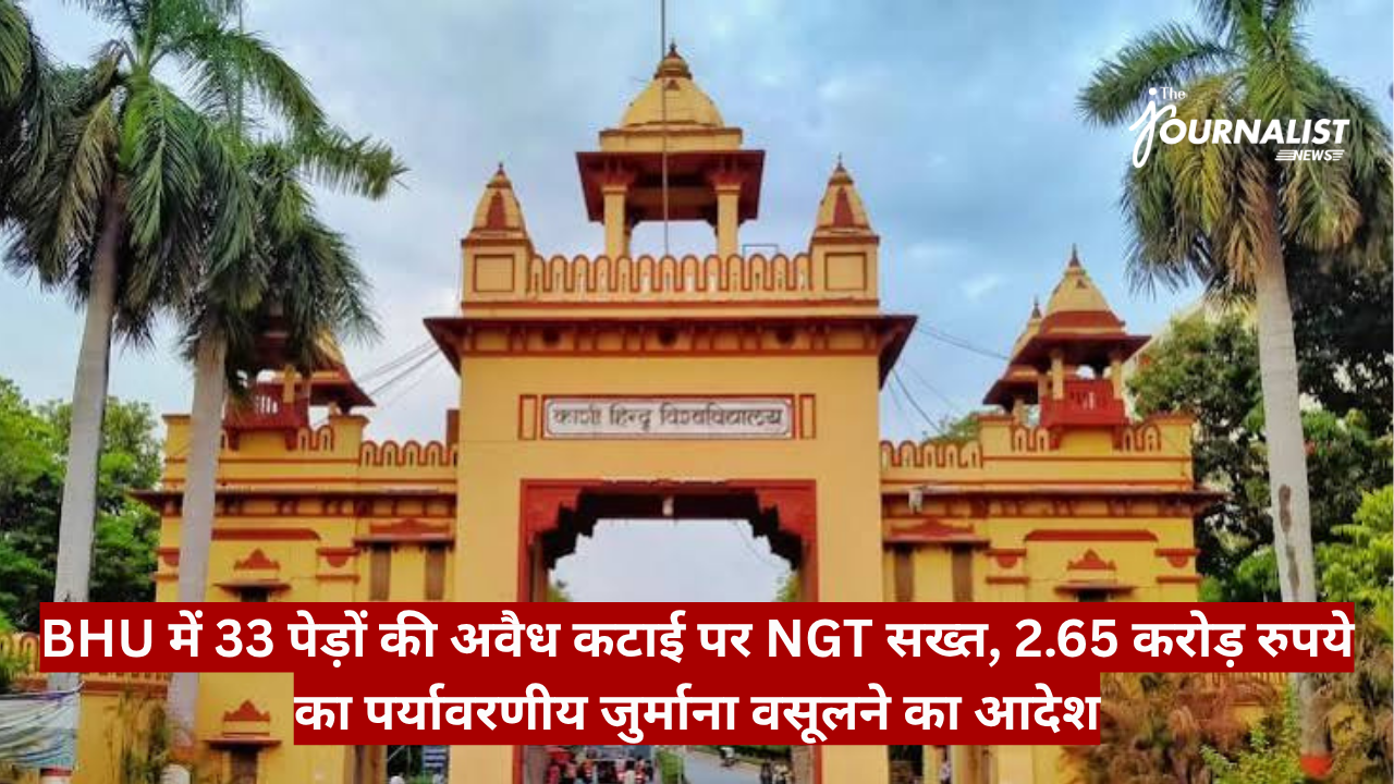 Ornate yellow university gate with palm trees and a bold red Hindi news banner about BHU and NGT order/s ruling.