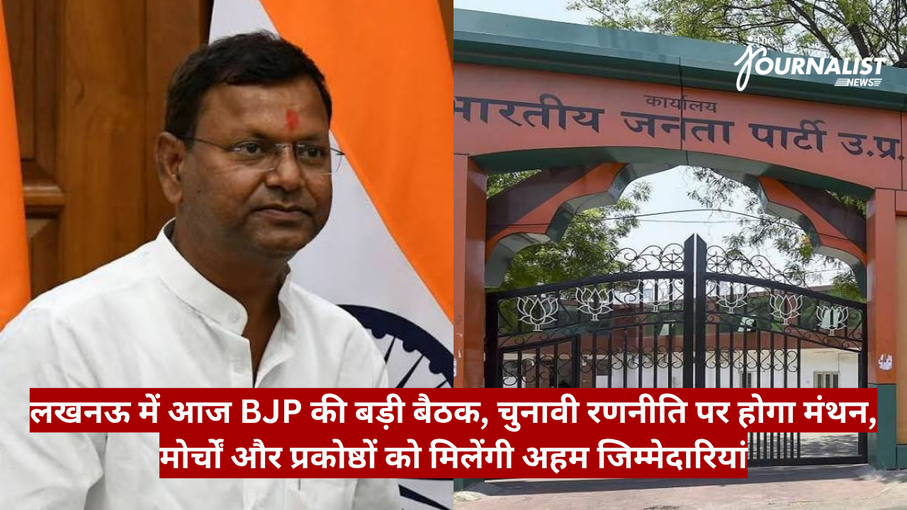 Portrait of a man in a white kurta standing beside a BJP flag, with an ornate gate and orange arch in the background at a political event.