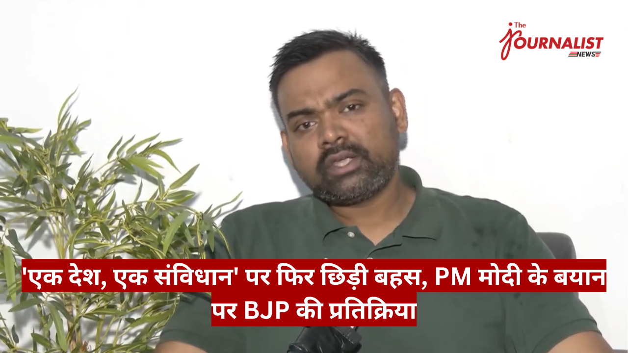 Man in a green polo being interviewed; white wall, plant on left, red Hindi news ticker across the bottom, The Journalist News logo top-right.