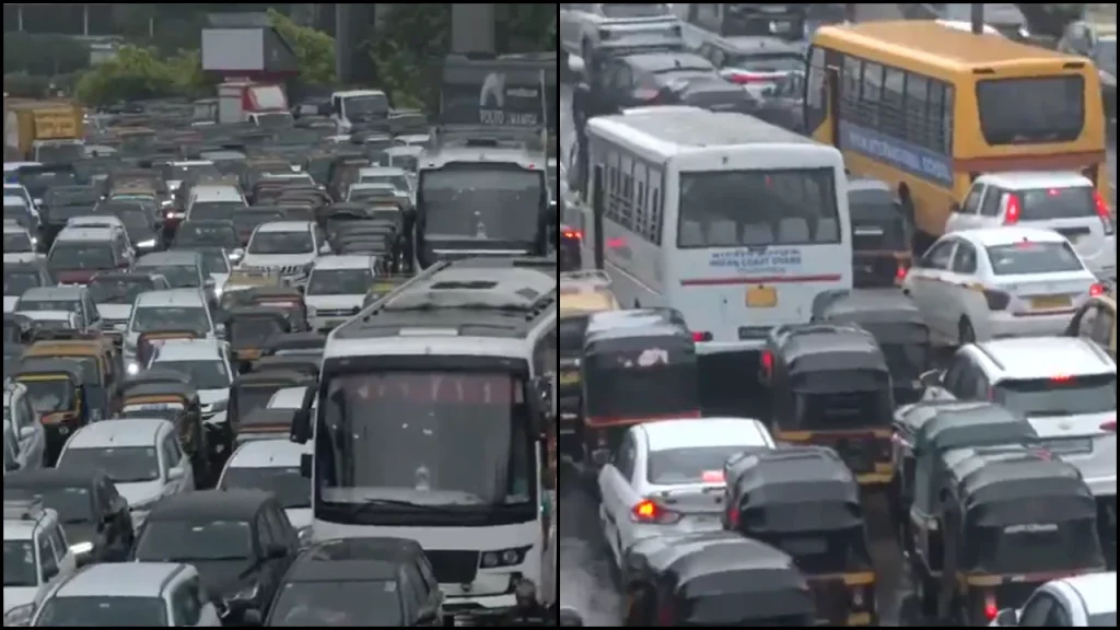 Light Blue and Yellow Bold Month Astrology Horoscope YouTube Thumbnail 28 - The Journalist News Heavy city traffic with many cars bumper to bumper in dense urban lanes during rush hour in two split-screen views.