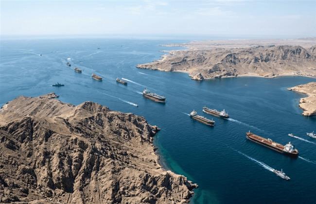 Aerial view of a busy shipping lane between rugged brown cliffs with numerous cargo ships and tankers sailing in blue water.